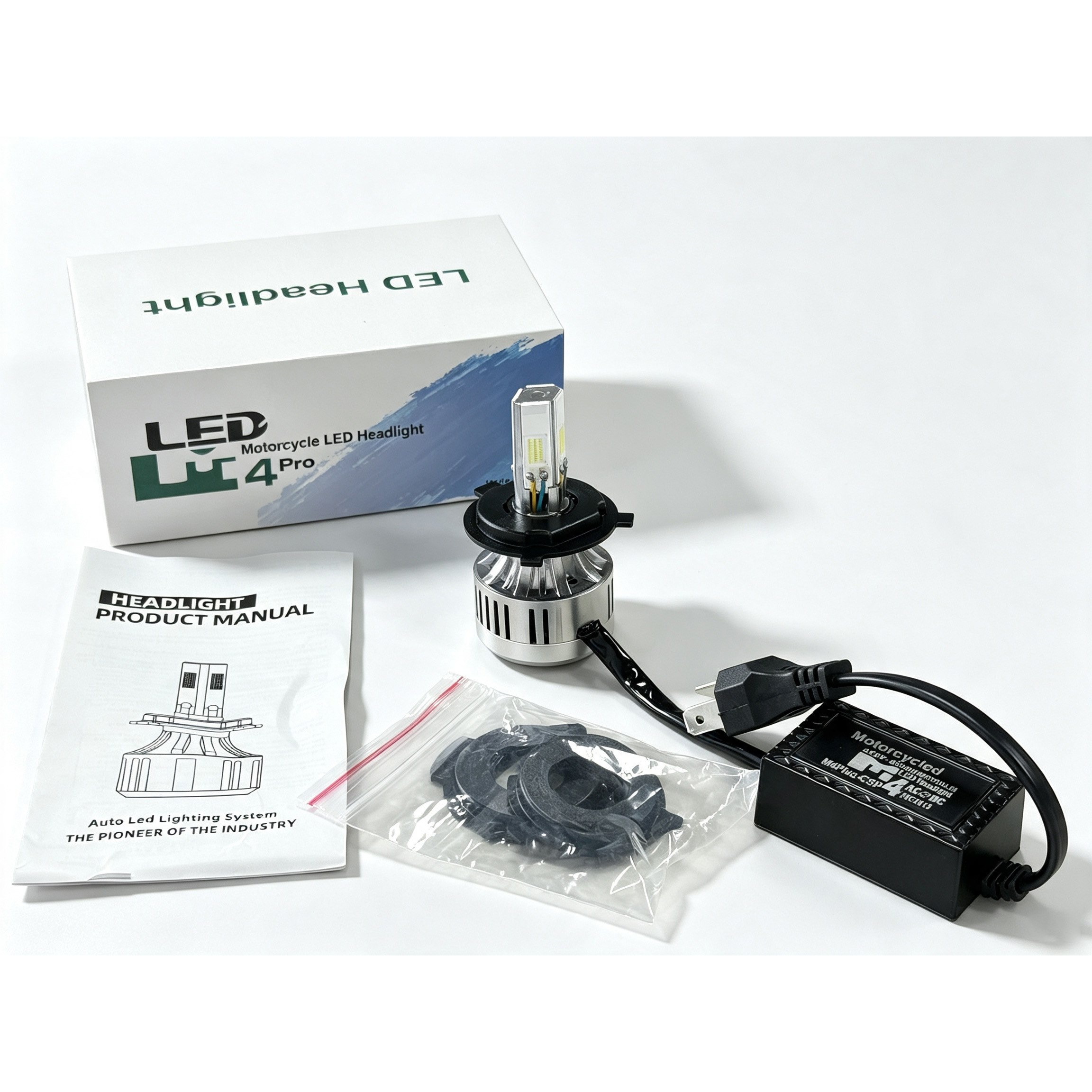 M4 Plus H4 motorcycle LED headlight kit with cooling fan and driver