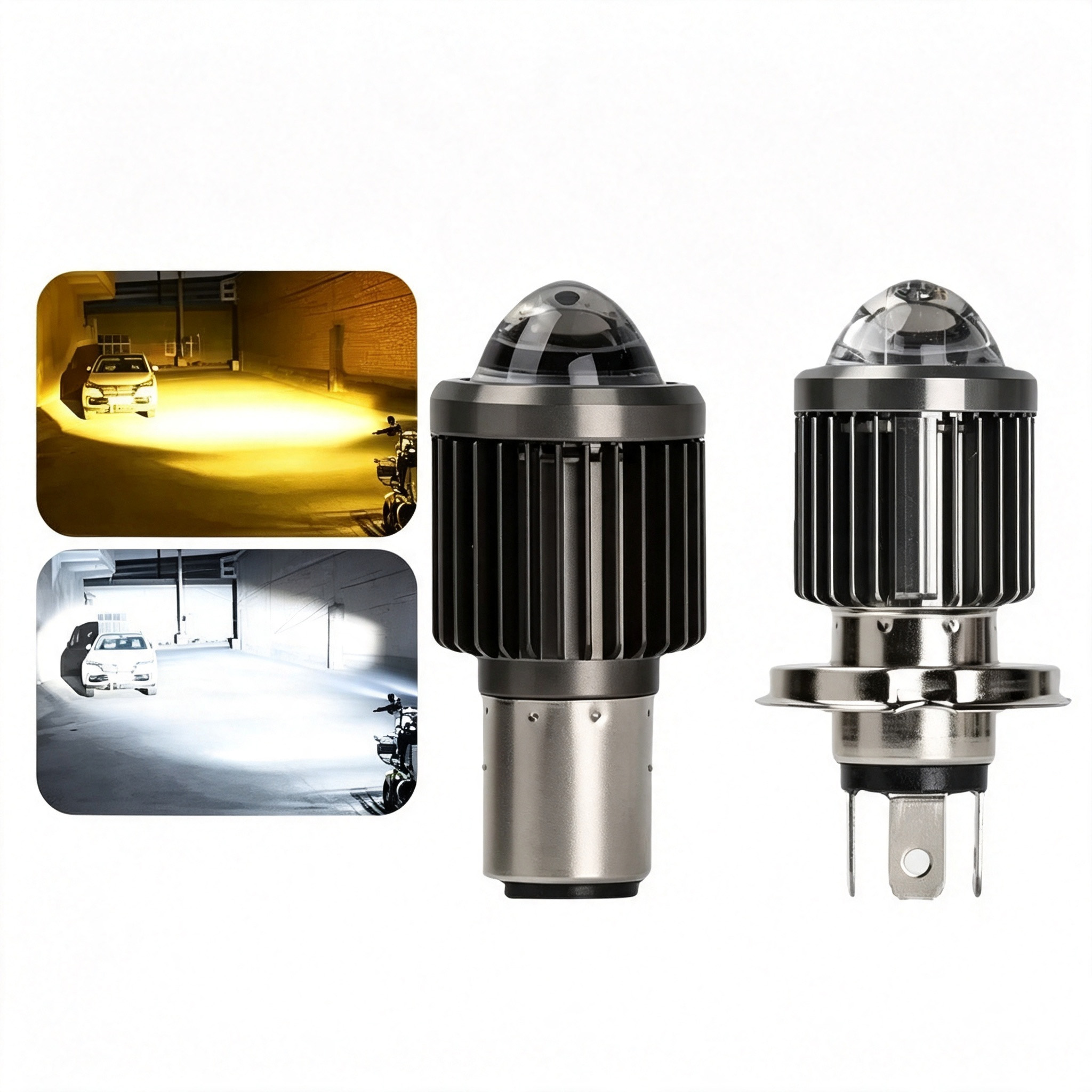 Motorcycle fish eye LED headlight bulb with white and yellow beam